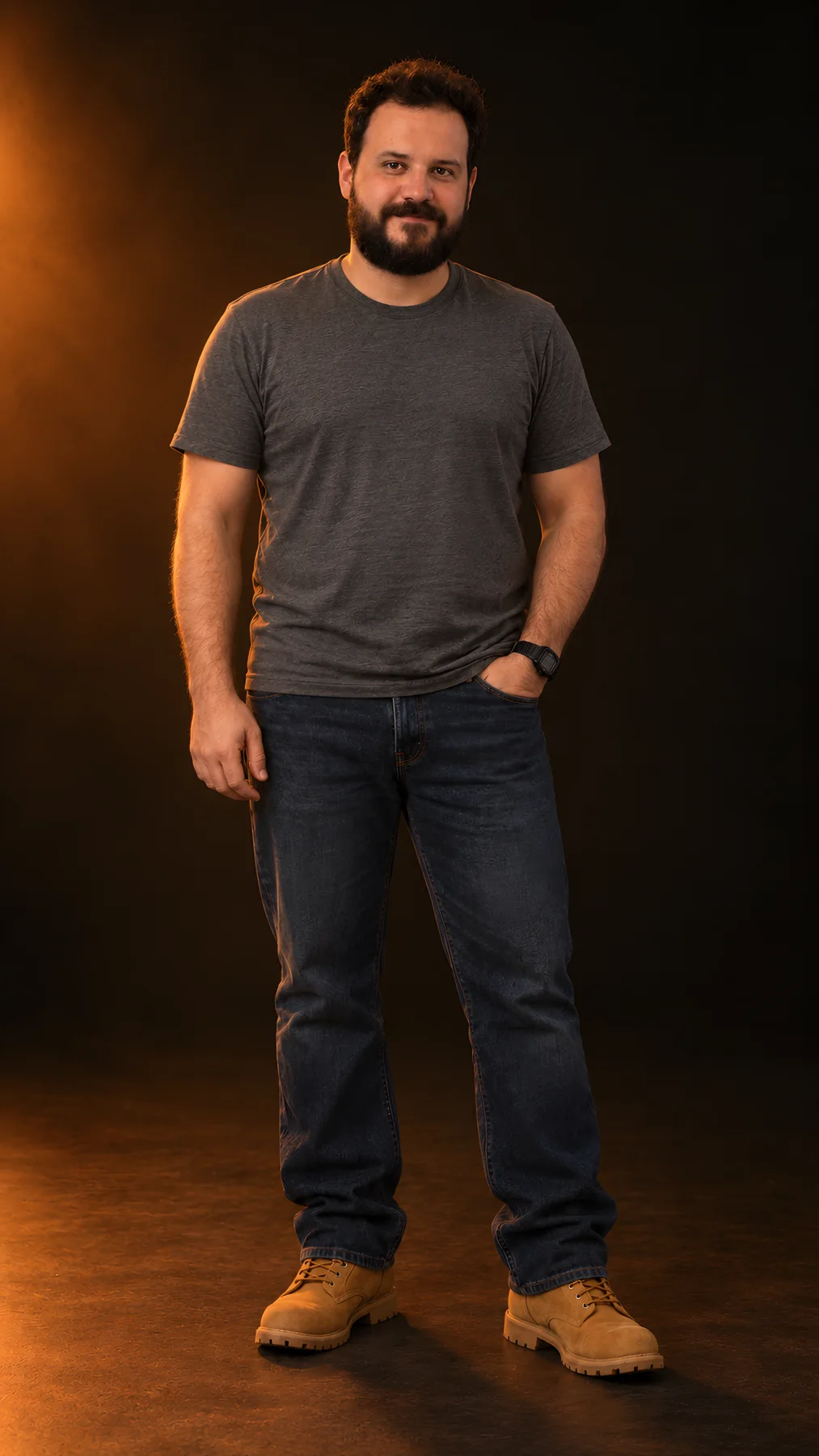 Eduardo Brambilla de camiseta cinza, jeans e bota